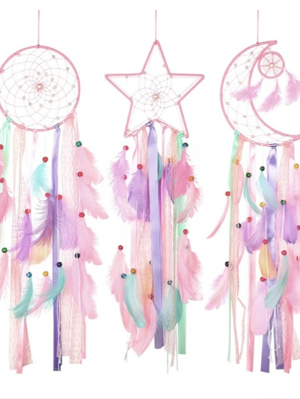 New 3 Pc Pastel Moon Star & Sun Woven Wall Hanging Feather Dreamcatcher Set